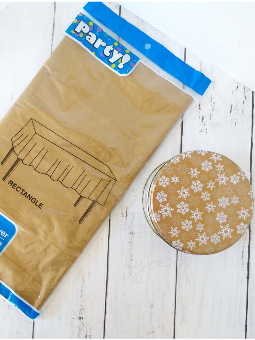 Party! Plastic Table Cover 54”x108” and Round Gift Tin Gold White Winter Holiday